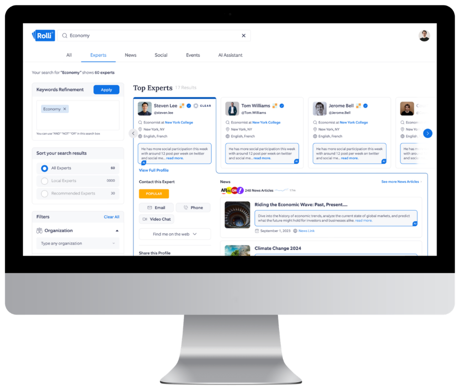 Rolli expert search interface showing verified economists, contacts, and news articles