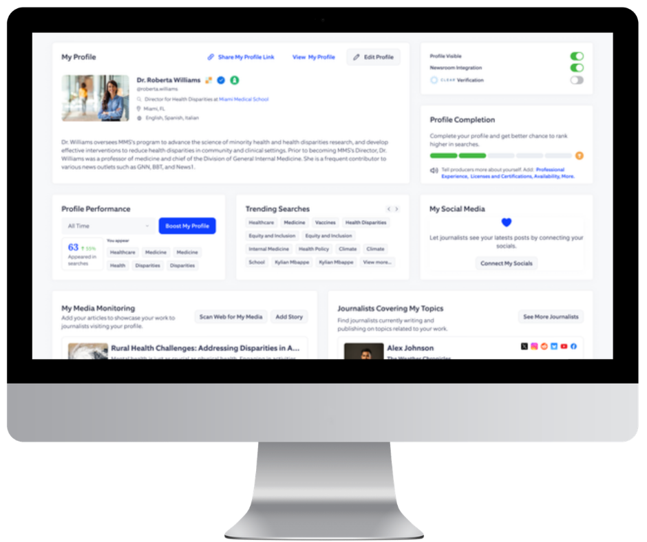 Rolli expert profile dashboard showing Dr. Roberta Williams with profile performance, trending searches, and journalist connections
